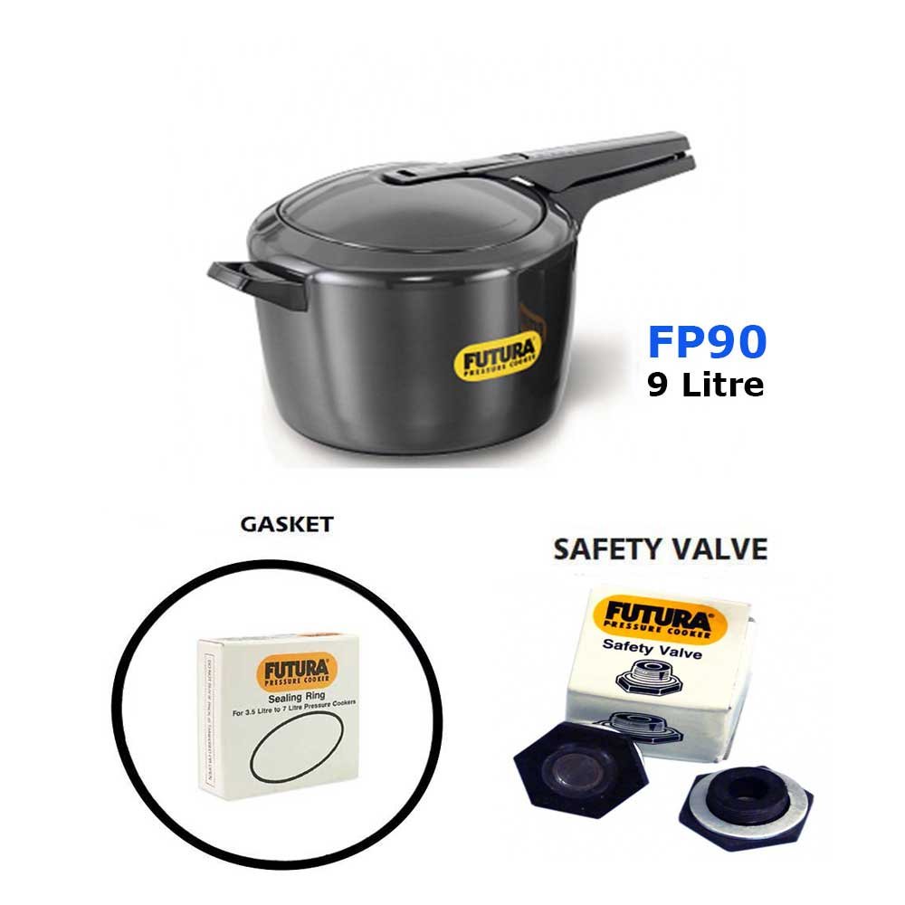 Futura Pressure Cooker Futura 9 Litre FP 90 with Hawkins Futura Genuine 2 Gasket 2 Safety Valve HouseholdWala